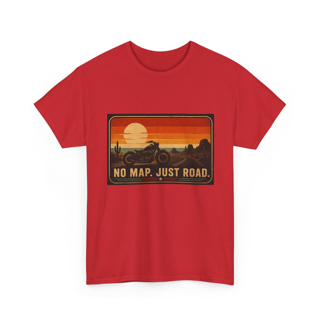 Motorcycle Sunset T‑Shirt — “No Map. Just Road.” Retro Adventure Tee