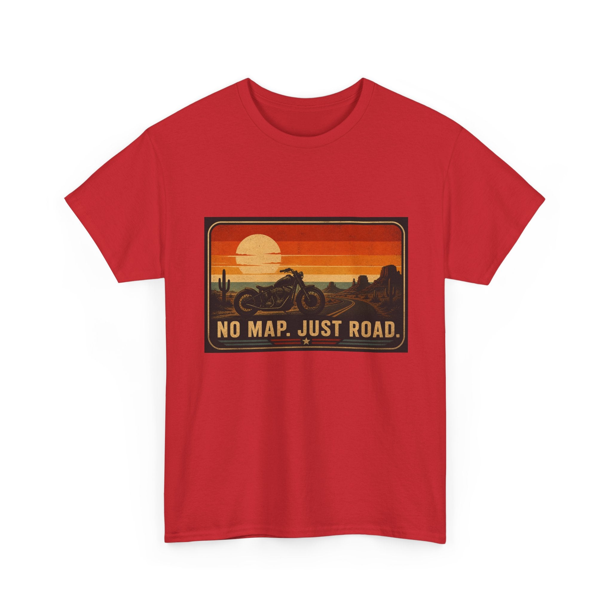 Motorcycle Sunset T‑Shirt — “No Map. Just Road.” Retro Adventure Tee