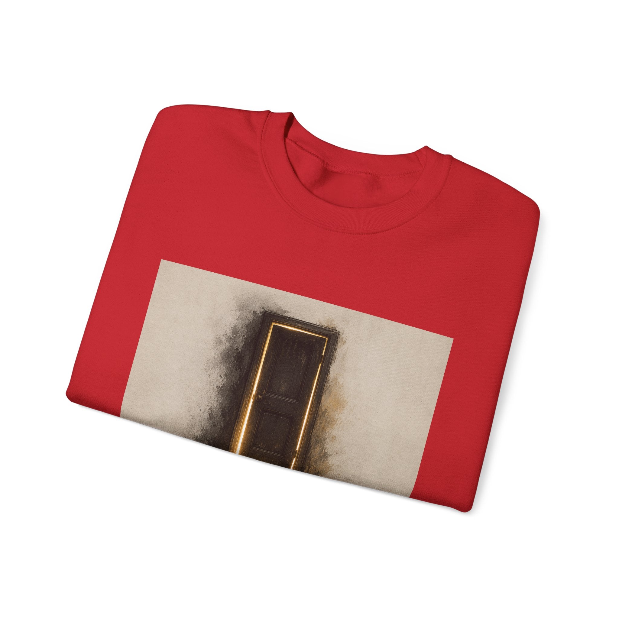 Crewneck Sweatshirt — 'Nothing Works Till You Agree With It' Motivational Door Graphic