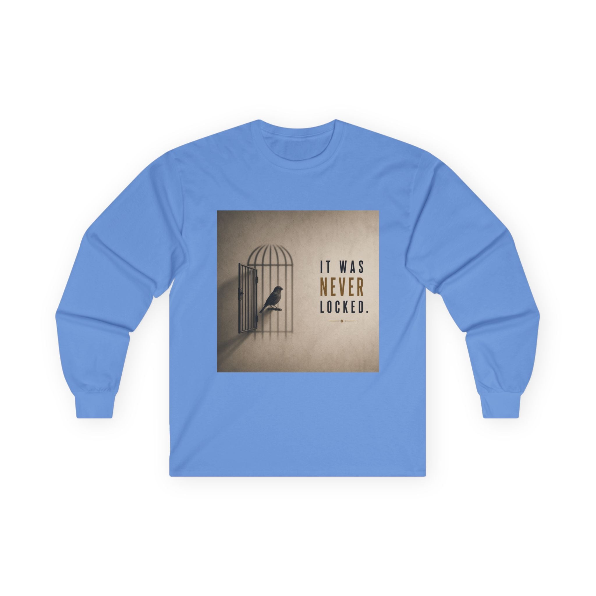Long Sleeve Tee — "It Was Never Locked" Bird Cage Freedom Graphic