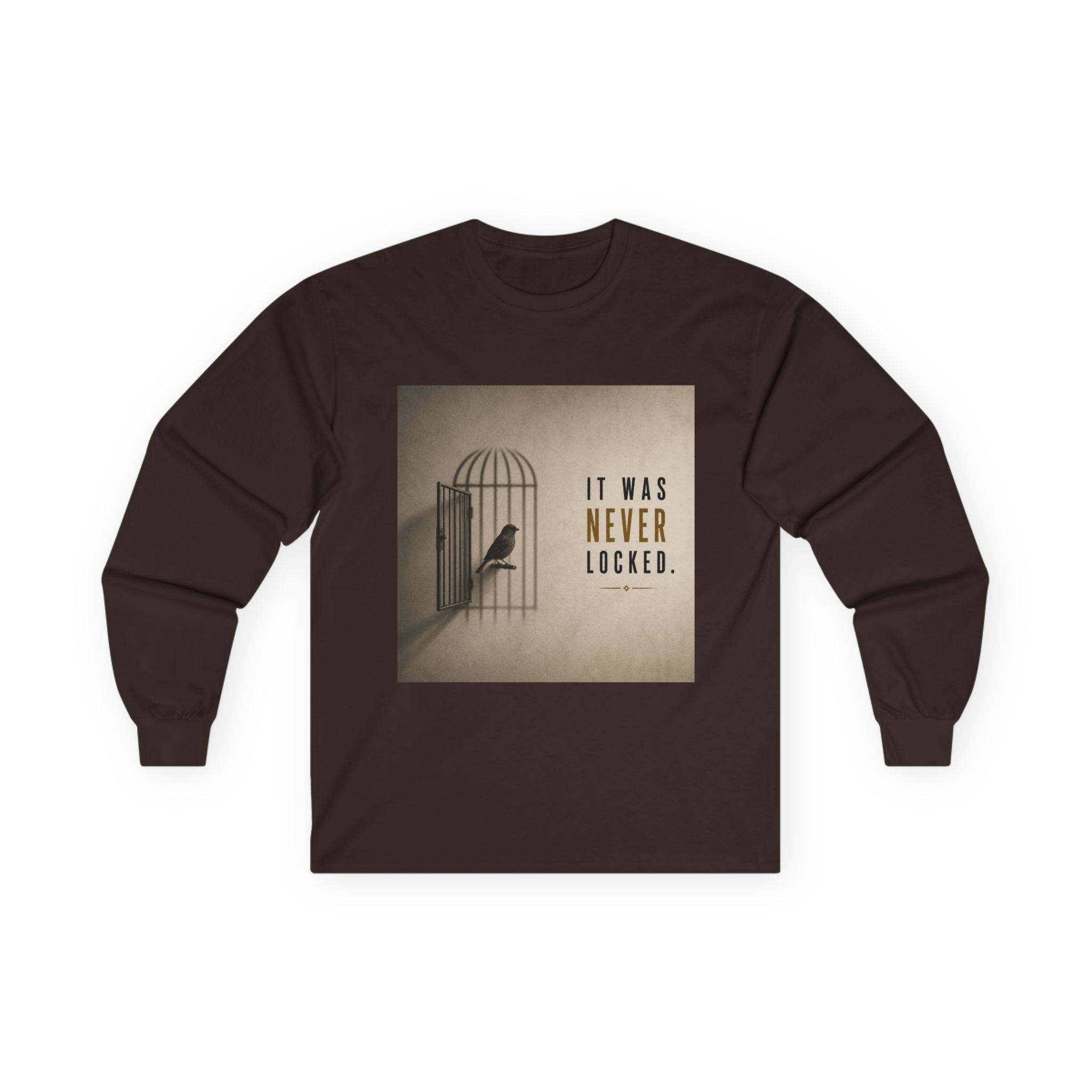 Long Sleeve Tee — "It Was Never Locked" Bird Cage Freedom Graphic
