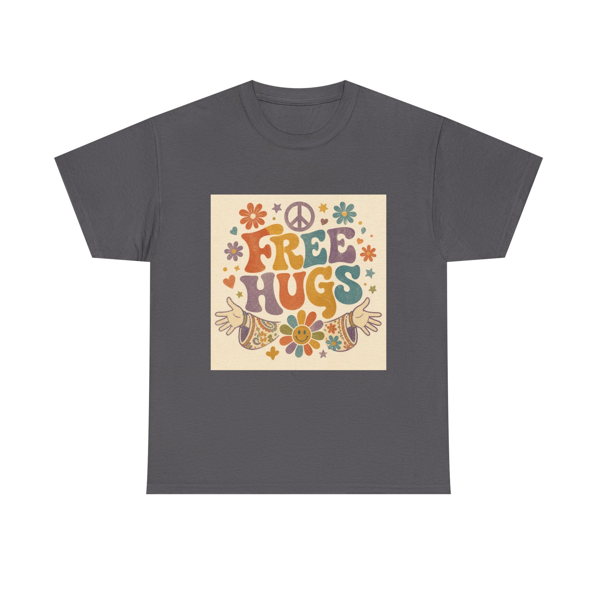 Free Hugs Tee — Retro 70s Floral Peace T-Shirt