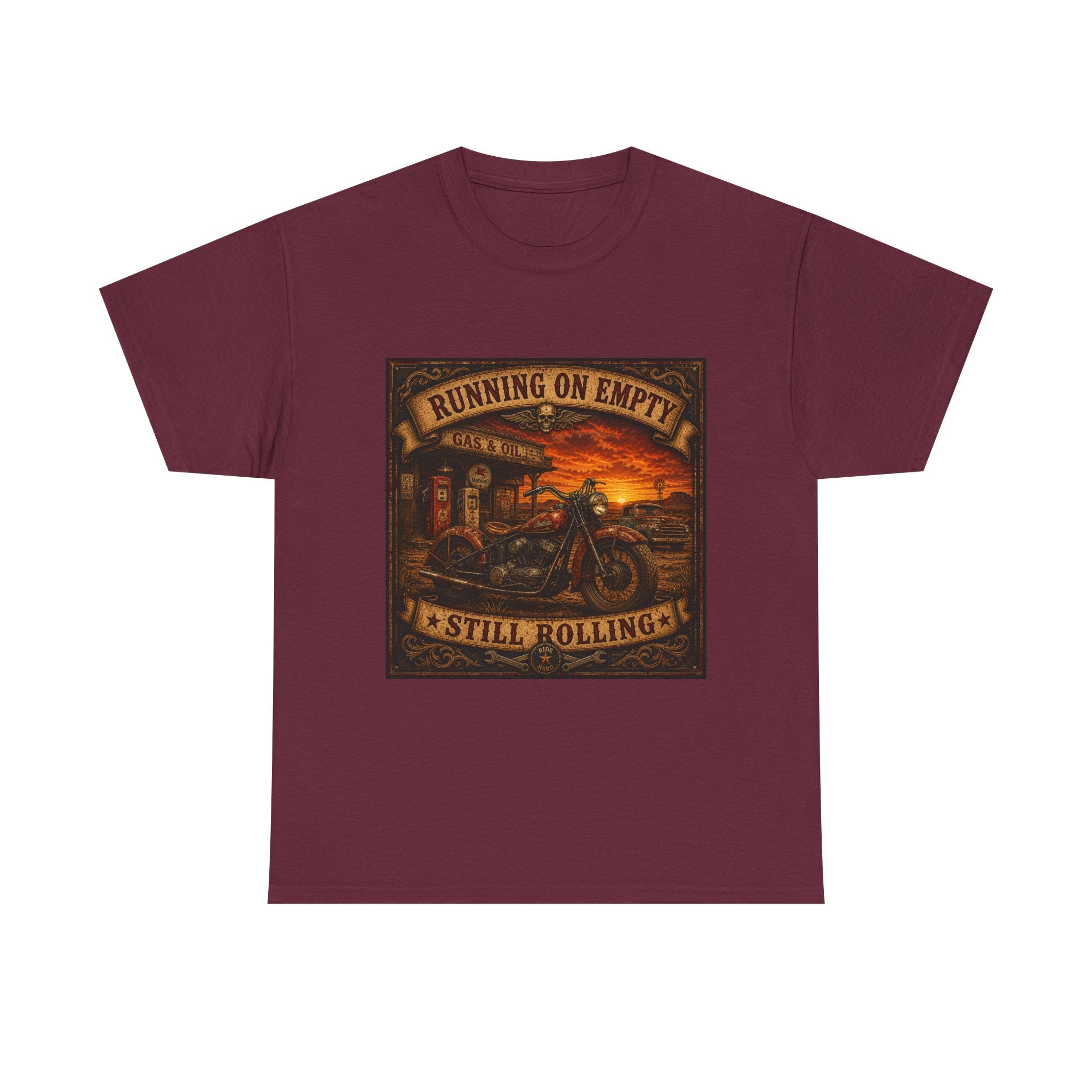 Running on Empty Motorcycle Tee — Vintage Biker Shirt ("Running on Empty Still Rolling")