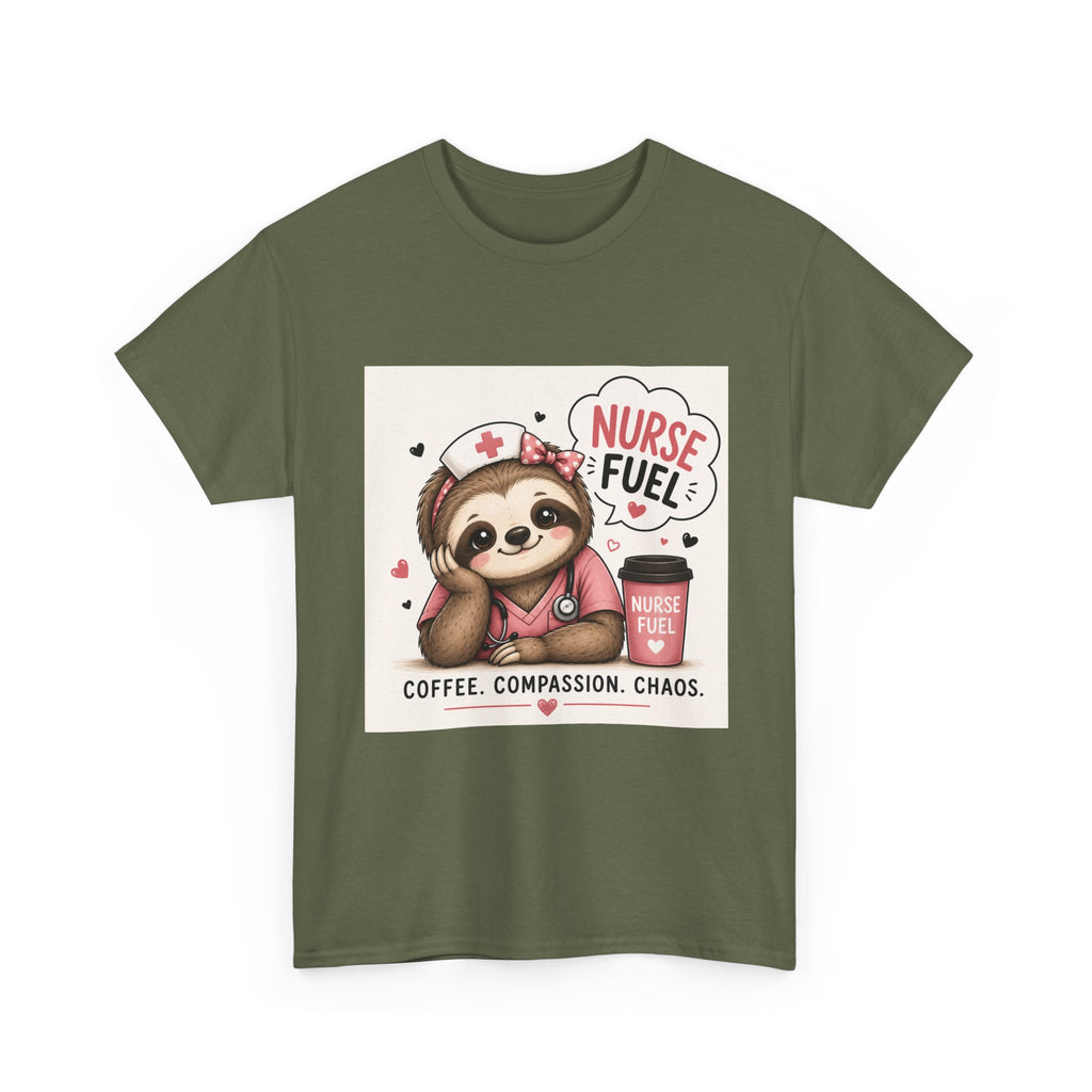 Nurse Fuel Sloth T‑Shirt — Coffee, Compassion, Chaos Cute Nursing Tee