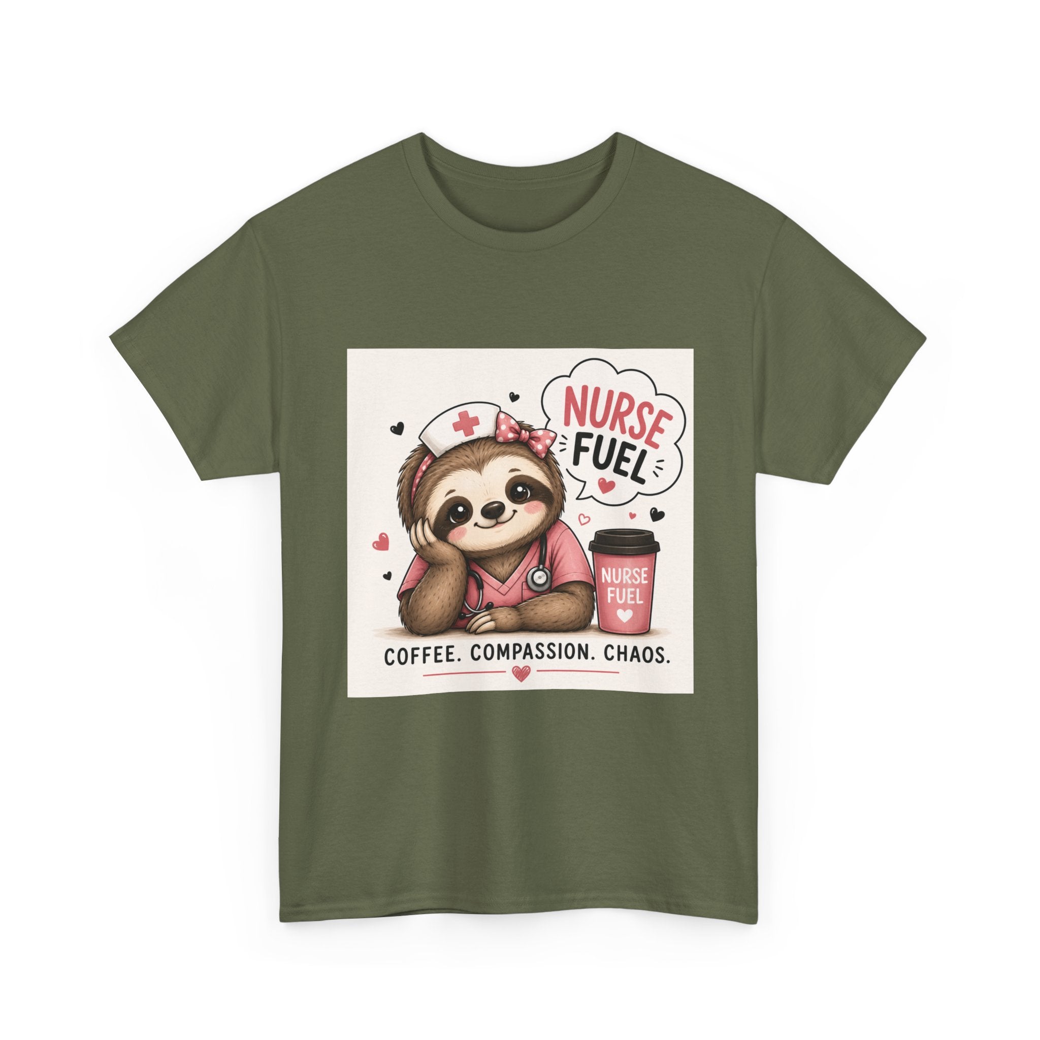 Nurse Fuel Sloth T‑Shirt — Coffee, Compassion, Chaos Cute Nursing Tee
