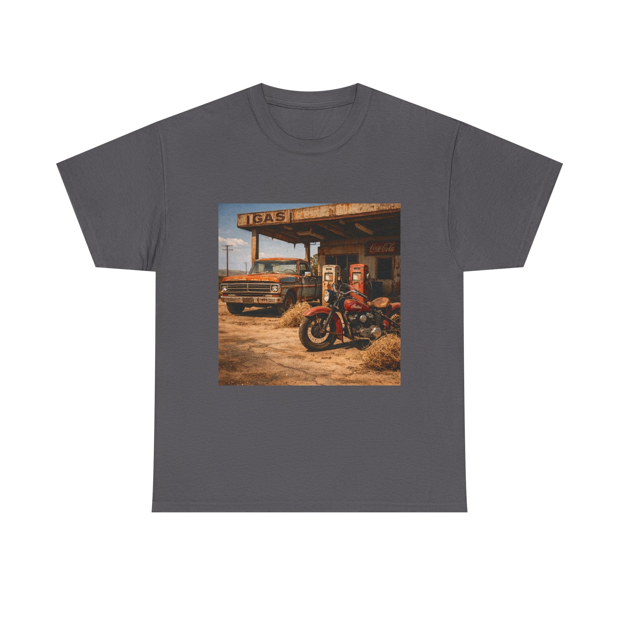 Vintage Gas Station Motorcycle T‑Shirt — Retro Desert Road Trip Tee