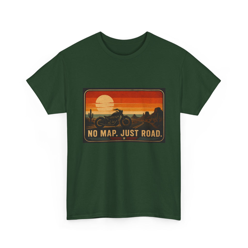Motorcycle Sunset T‑Shirt — “No Map. Just Road.” Retro Adventure Tee