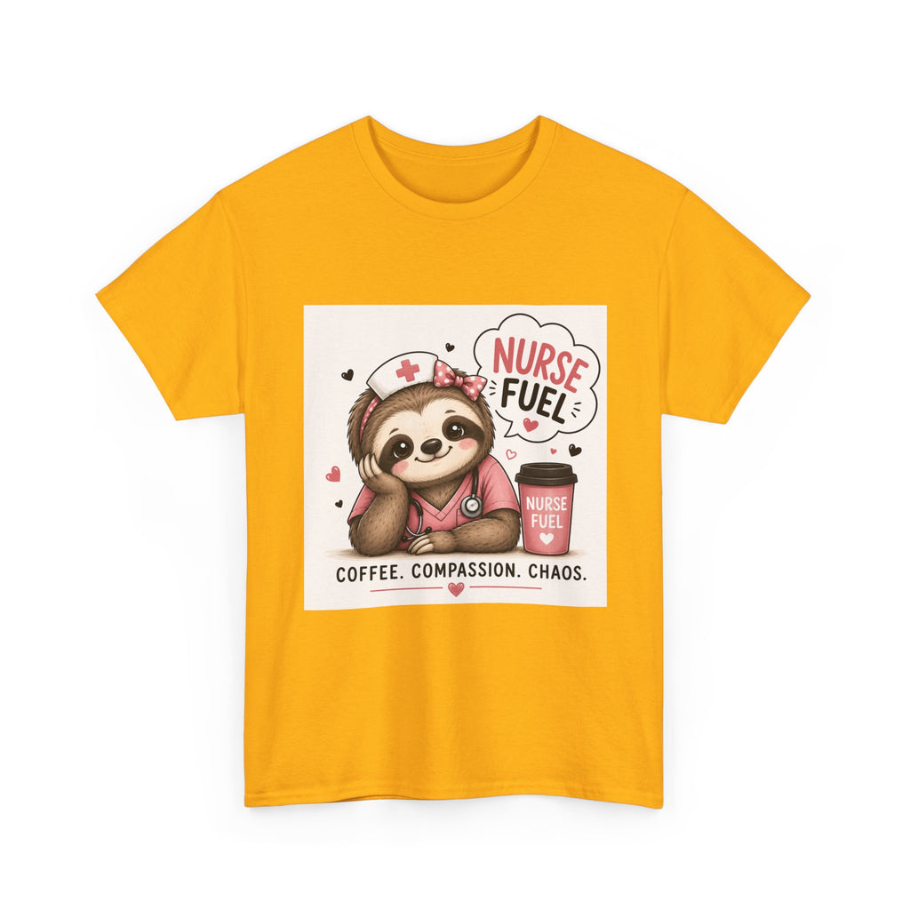 Nurse Fuel Sloth T‑Shirt — Coffee, Compassion, Chaos Cute Nursing Tee
