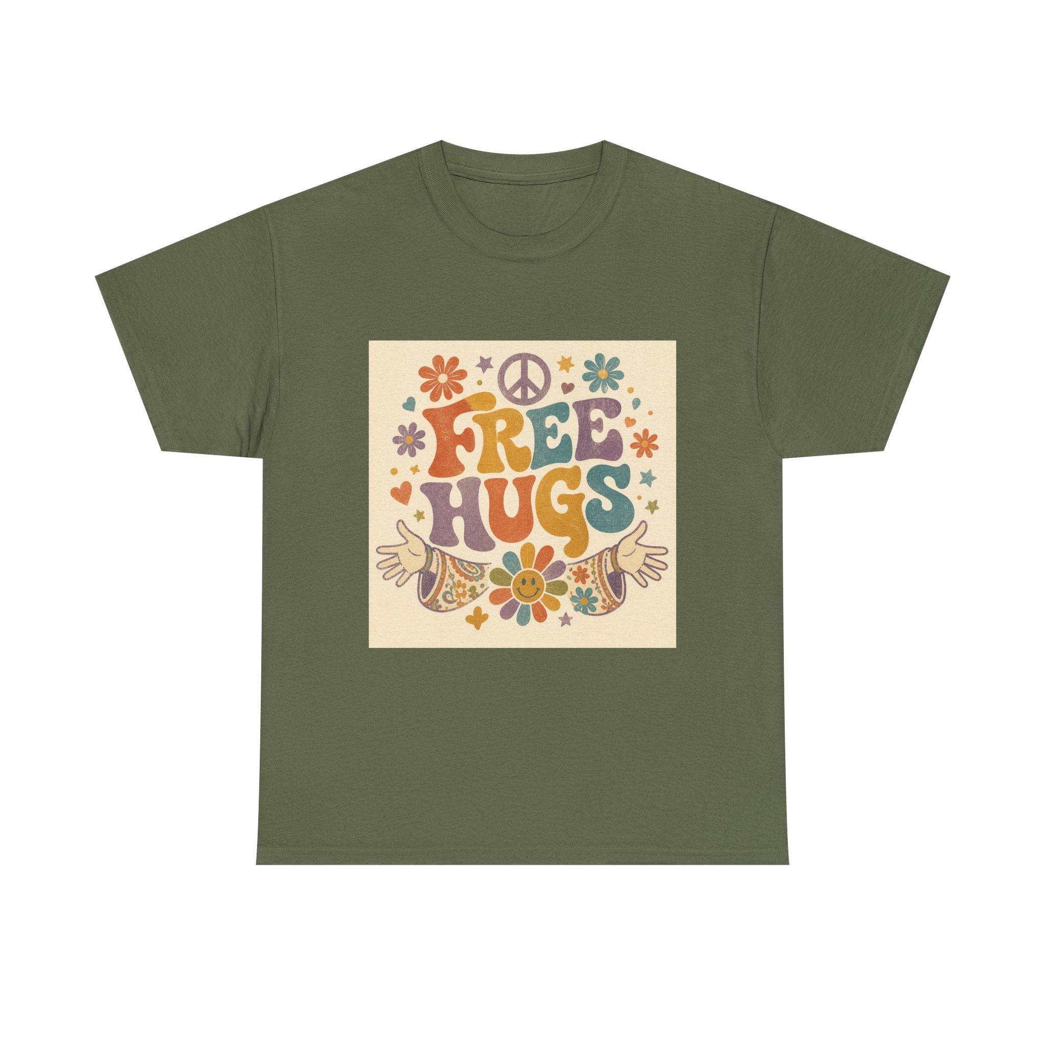 Free Hugs Tee — Retro 70s Floral Peace T-Shirt