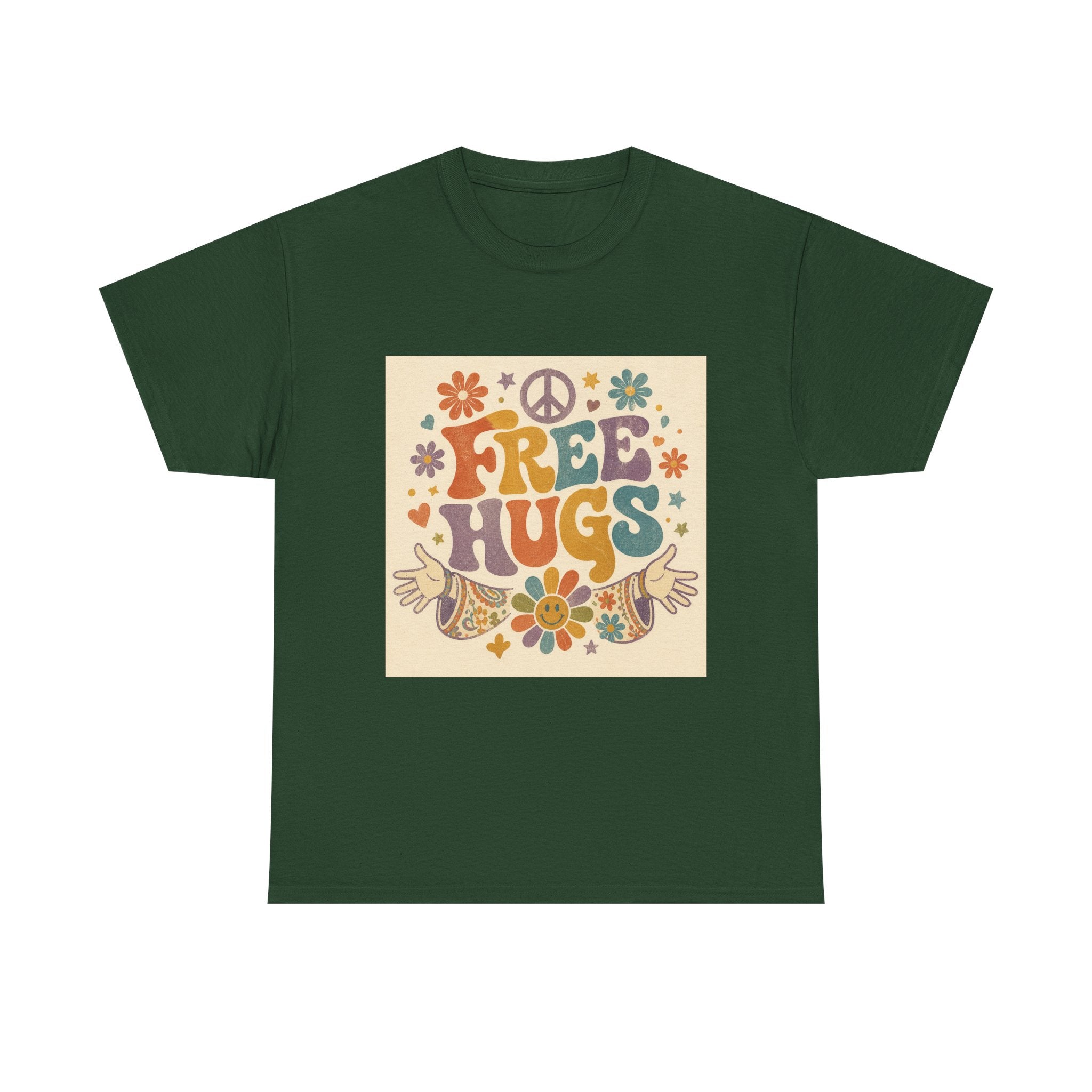 Free Hugs Tee — Retro 70s Floral Peace T-Shirt