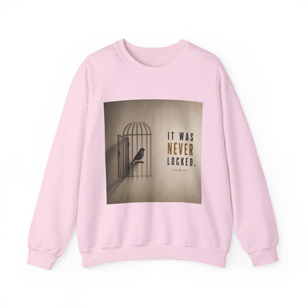 Crewneck Sweatshirt — 'It Was Never Locked' Bird Cage Graphic