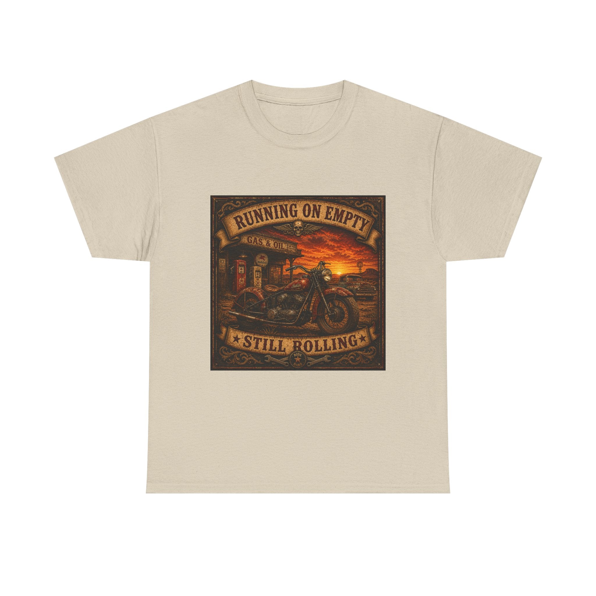 Running on Empty Motorcycle Tee — Vintage Biker Shirt ("Running on Empty Still Rolling")