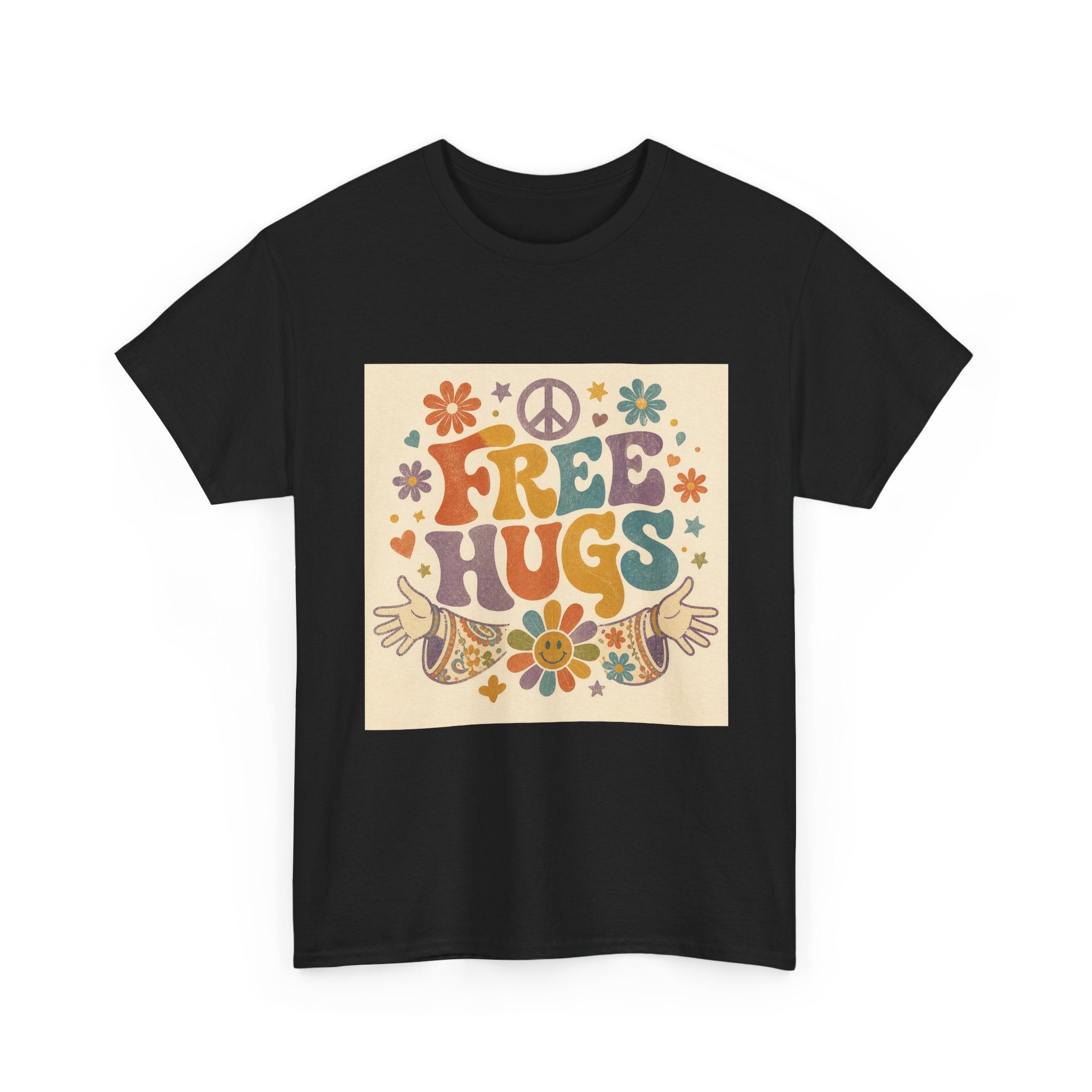 Free Hugs Tee — Retro 70s Floral Peace T-Shirt