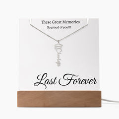 Graduation Cap Name Necklace with Engraved Acrylic stand backlit with LED lights.