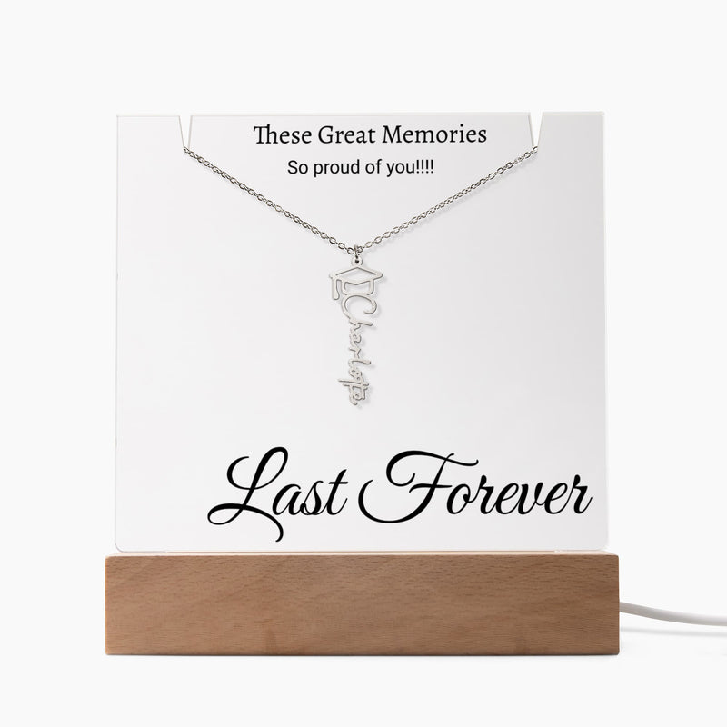 Graduation Cap Name Necklace with Engraved Acrylic stand backlit with LED lights.