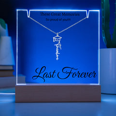 Graduation Cap Name Necklace with Engraved Acrylic stand backlit with LED lights.