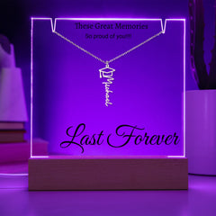 Graduation Cap Name Necklace with Engraved Acrylic stand backlit with LED lights.