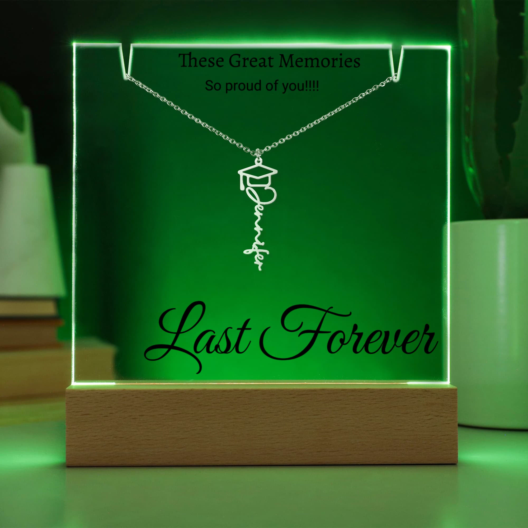 Graduation Cap Name Necklace with Engraved Acrylic stand backlit with LED lights.
