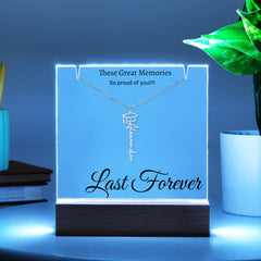 Graduation Cap Name Necklace with Engraved Acrylic stand backlit with LED lights.