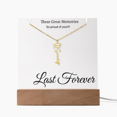 Graduation Cap Name Necklace with Engraved Acrylic stand backlit with LED lights.