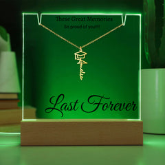 Graduation Cap Name Necklace with Engraved Acrylic stand backlit with LED lights.