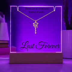 Graduation Cap Name Necklace with Engraved Acrylic stand backlit with LED lights.