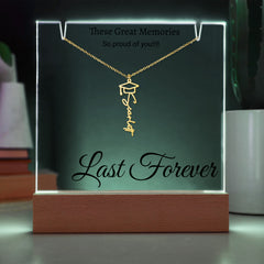 Graduation Cap Name Necklace with Engraved Acrylic stand backlit with LED lights.